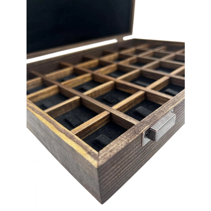 Ahşap El Boyaması Çift Renk 24x34 Cm Cam Kapak Çıtalı Yüzük Standı