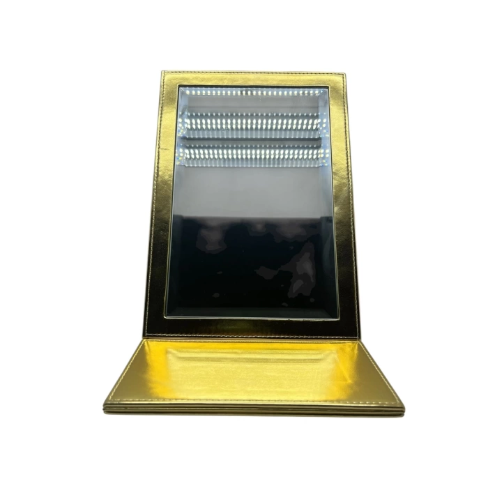 Deri Kumaş Kaplama Sarı Renk 31*31 cm Katlanabilir Ayaklı Takı Ve Makyaj Aynası