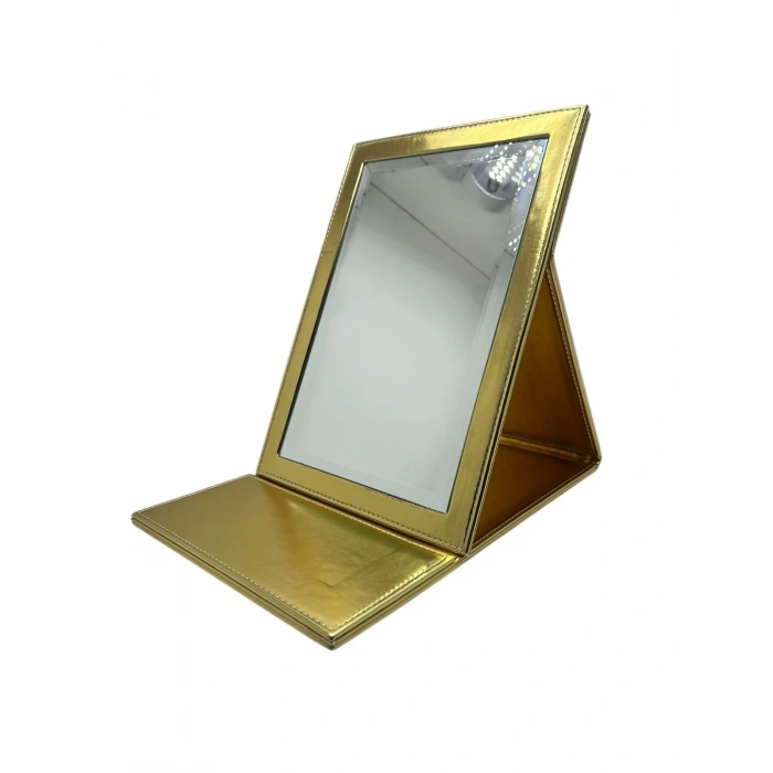 Deri Kumaş Kaplama Sarı Renk 31*31 cm Katlanabilir Ayaklı Takı Ve Makyaj Aynası