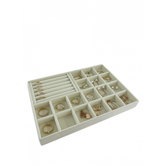 Bakü Model Süet Krem Renk 34/24 cm Bölmeli-Sosisli Çekmece Içi Takı Standı