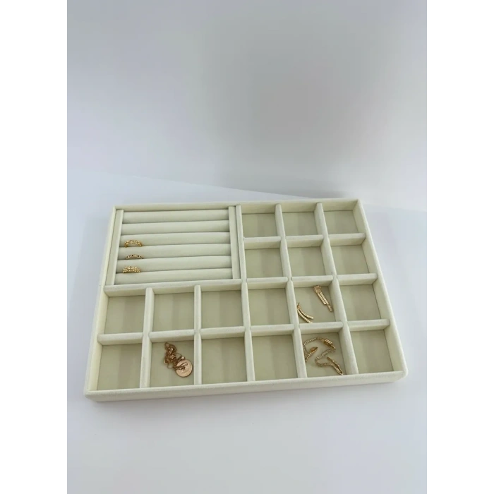 Bakü Model Süet Krem Renk 34/24 cm Bölmeli-Sosisli Çekmece Içi Takı Standı