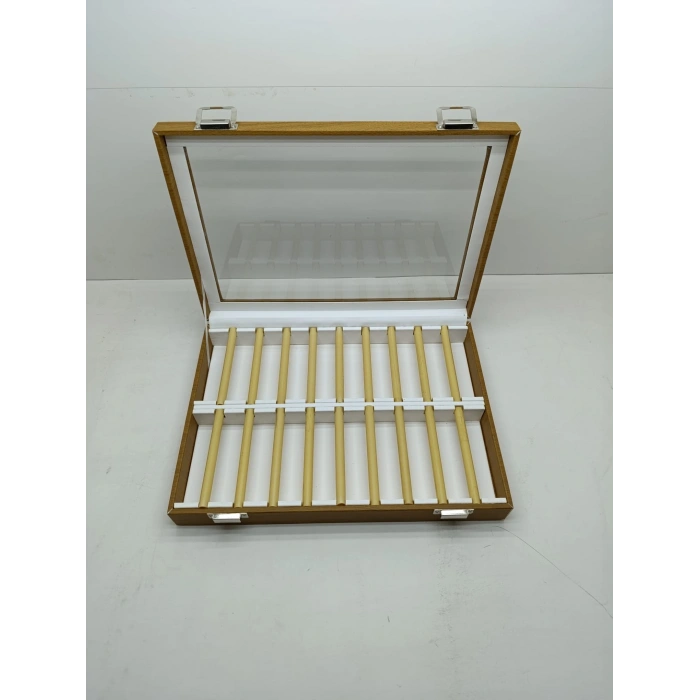 Cam Kapaklı Deri Kumaş Kahve-Beyaz Renk 34 cm / 24 cm Alyans Sergileme Standı
