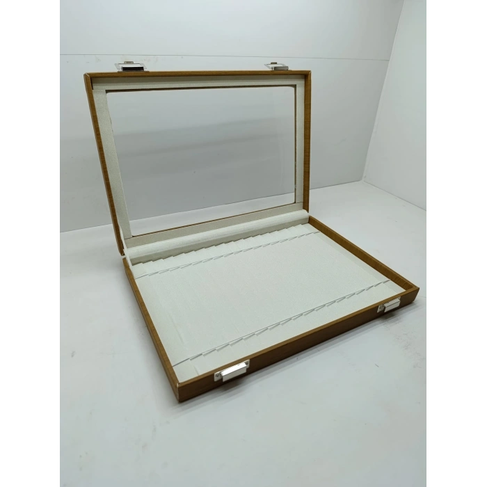 Cam Kapaklı Deri Kumaş Kahve-Beyaz Renk 34 cm / 24 cm Bileklik Sergileme Standı