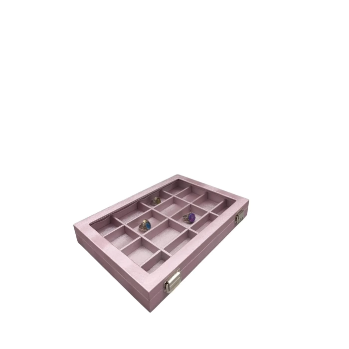 Cam Kapaklı İmera Kumaş Pembe Renk 34 cm / 24 cm Bölmeli Takı Standı