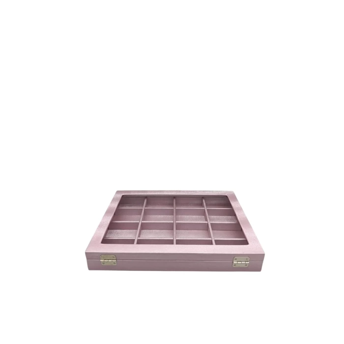 Cam Kapaklı İmera Kumaş Pembe Renk 34 cm / 24 cm Bölmeli Takı Standı