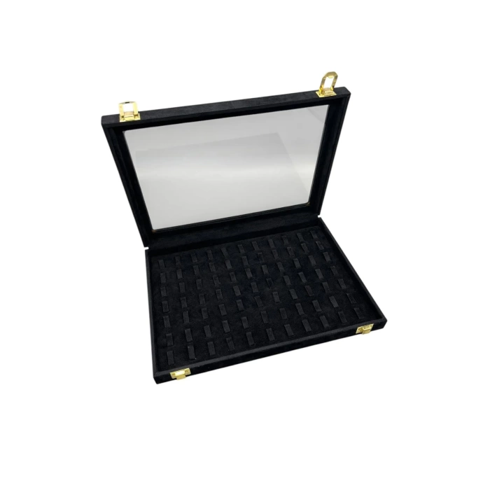 Cam Kapaklı Süet Kumaş Siyah Renk 34 cm / 24 cm Tırnaklı Yüzük Sergileme Standı