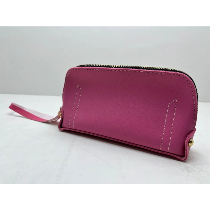 Deri Kumaş Pembe Renk 17x10 Cm Takı-Makyaj Fermuarlı Çantası