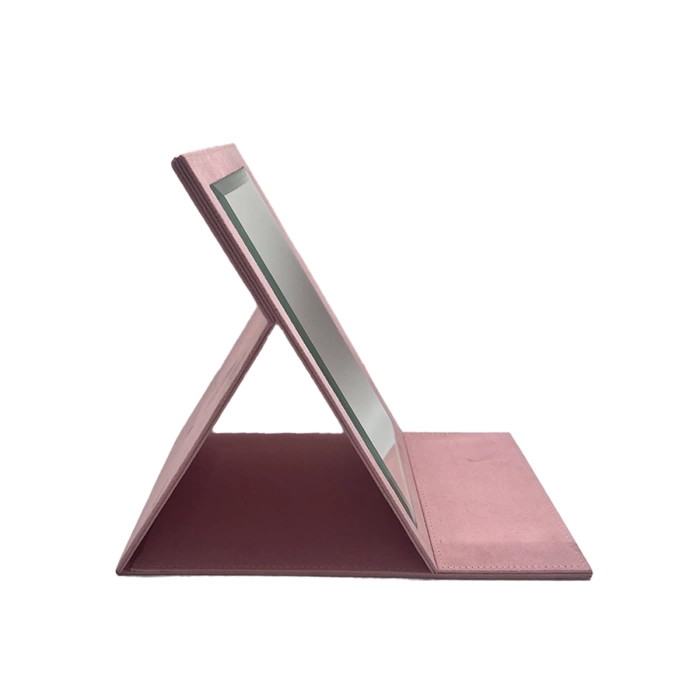 Süet Kumaş Kaplama Pembe Renk 31*31 cm Katlanabilir Ayaklı Takı Ve Makyaj Aynası