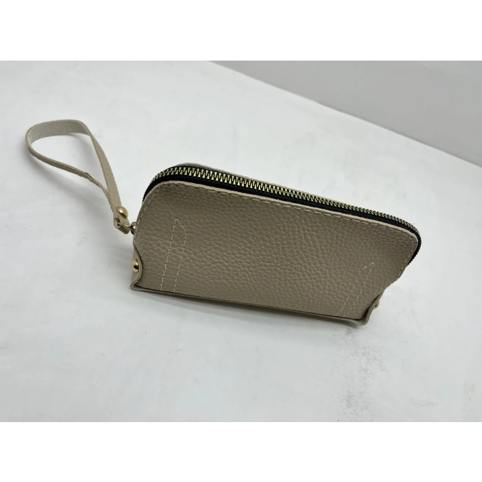 Deri Kumaş Krem Renk 17x10 Cm Takı-Makyaj Fermuarlı Çantası