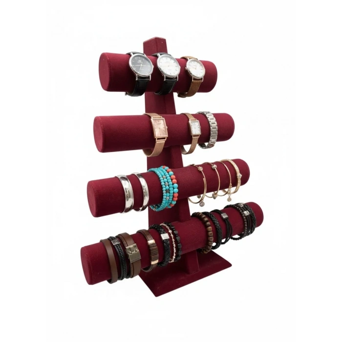 Dört Kademeli Süet Kumaş Bordo Renk 38/34 cm Bileklik-Saat Sergileme Standı