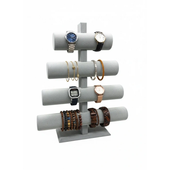 Dört Kademeli Süet Kumaş Gri Renk 38/34 cm Bileklik-Saat Sergileme Standı