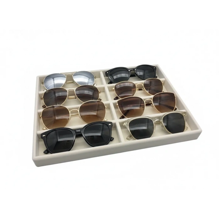 New York Model Süet Kumaş Krem Renk 34/24 cm Bölmeli Çekmece Içi Gözlük Standı