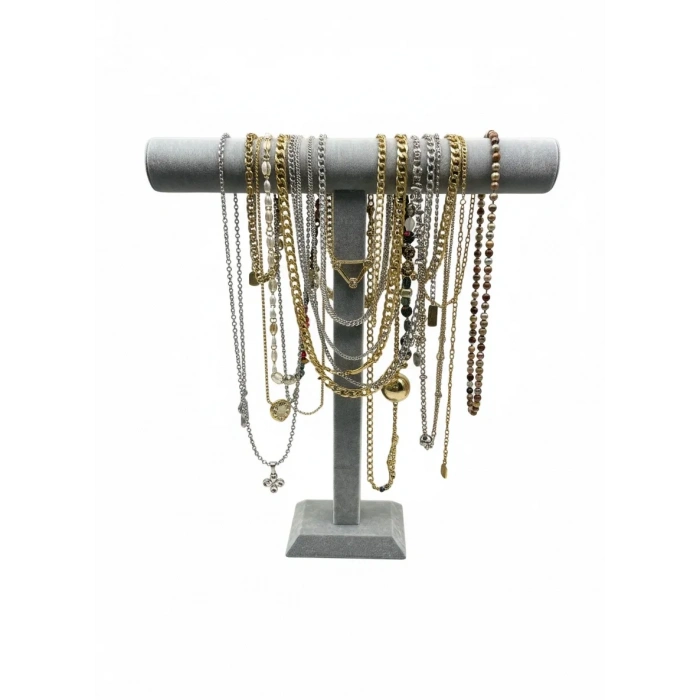 Süet Kaplama Gri Renk Uzun 50/40cm Kolye -Tesbih Sergileme Standı