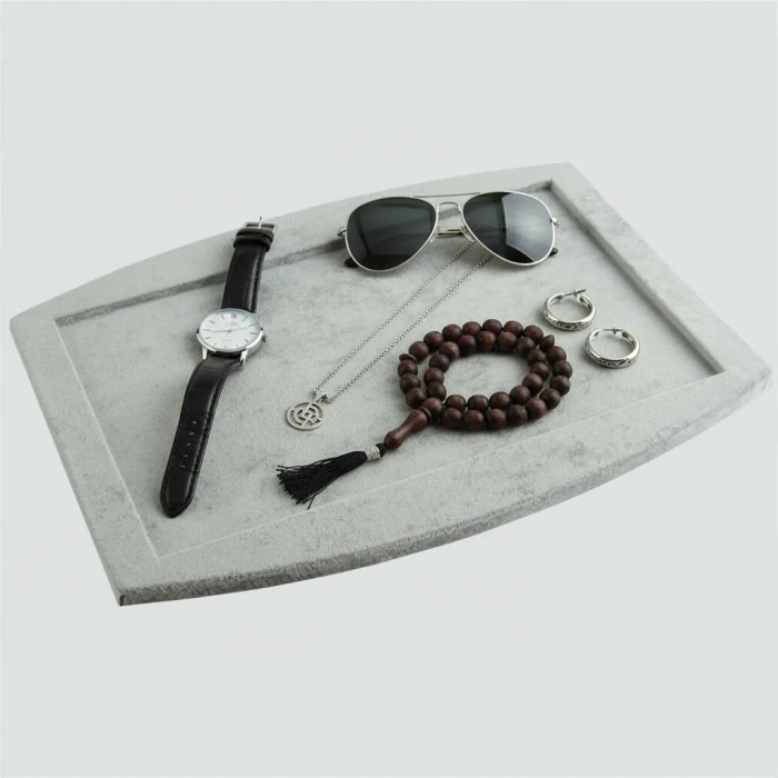 Süet Kumaş Gri Renk 34,5/27 cm Kolye Ucu Küpe Yüzük Takı Servis Sunum Tablası