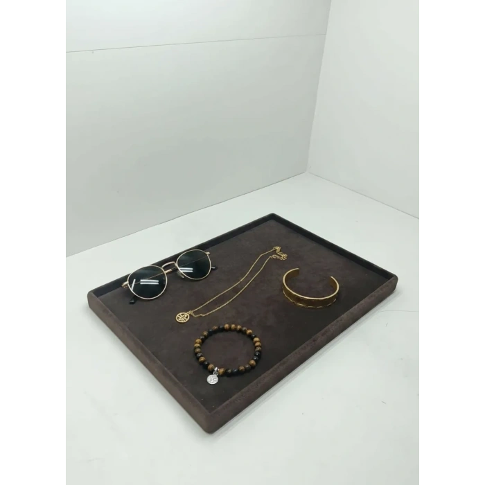Süet Kumaş Kahve Renk 34/24 cm Takı Servis Sunum Tablası