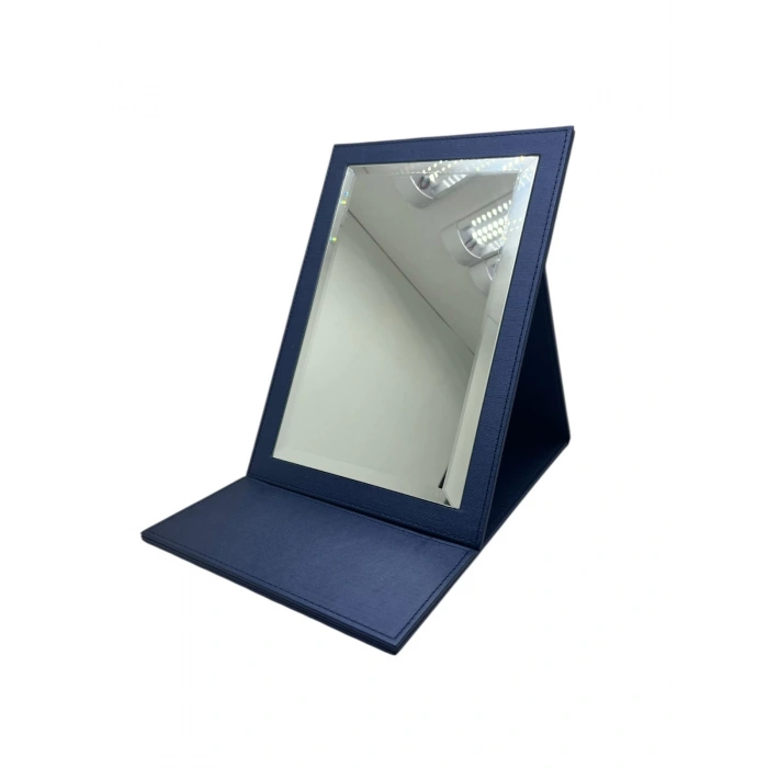 Deri Kumaş Kaplama Lacivert Renk 31*31 cm Katlanabilir Ayaklı Takı Ve Makyaj Aynası