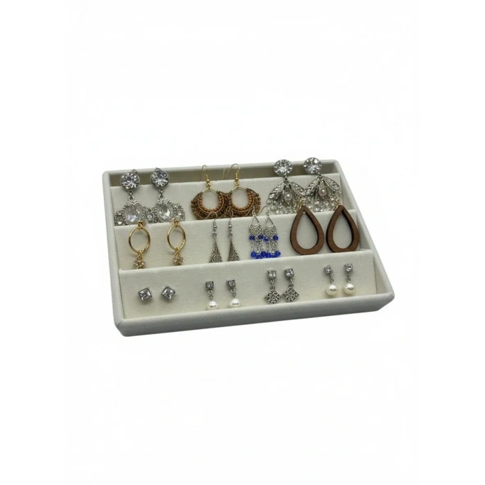 Süet Kumaş Krem Renk 22 cm / 14 cm Çekmece İçi Küpe Takı Standı