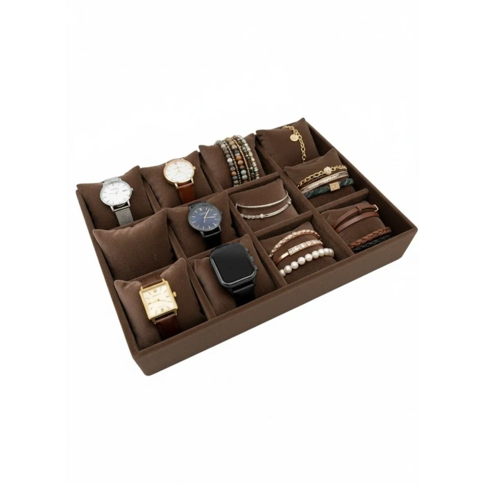 Tokyo Model Süet Kumaş Kahve Renk 34/24 Cm Çekmece Içi Yastıklı Saat Ve Takı Kutusu