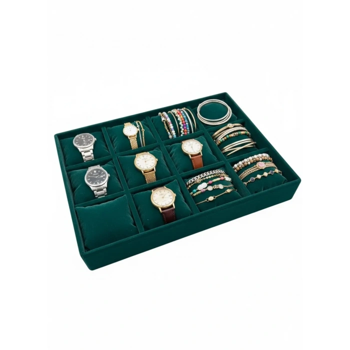 Tokyo Model Süet Kumaş Yeşil Renk 34/24 cm 12 Yastıklı Çekmece Ici Takı Kutusu