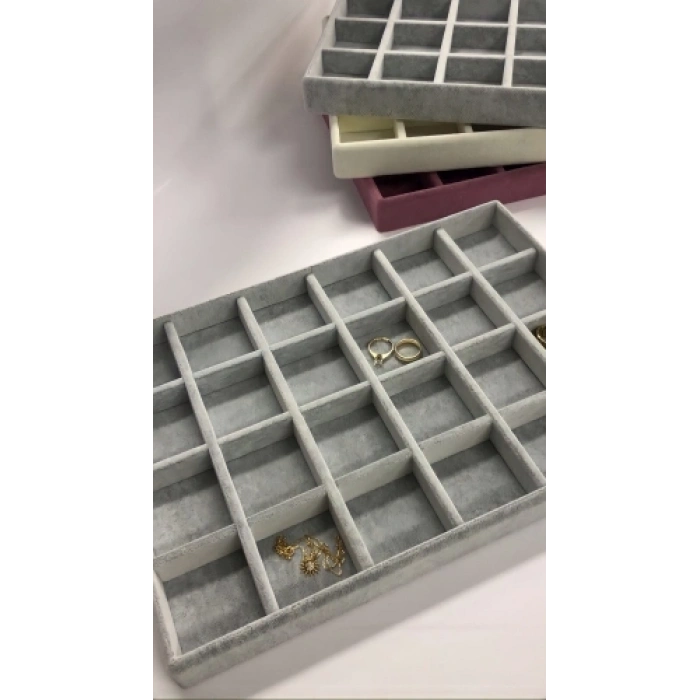 Varşova Model Süet Kumaş Gri Renk 34 Cm / 24 Cm 24 Bölmeli Takı Standı