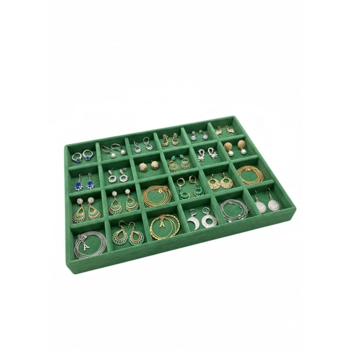 Varşova Model Süet Kumaş Yeşil Renk 34 Cm / 24 Cm 24 Bölmeli Takı Standı