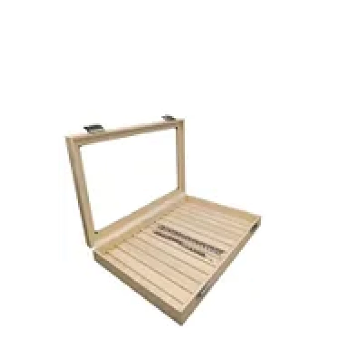 Yeni Cam Kapaklı İmera Deri Kumaş Krem Renk 34 cm / 24 cm Bölmeli Kolye-Bileklik Tablası