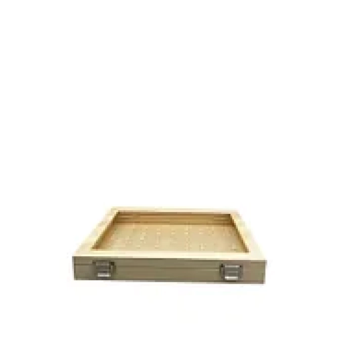 Yeni Cam Kapaklı İmera Deri Kumaş Krem Renk 34 cm / 24 cm Tırnaklı Yüzük Tablası