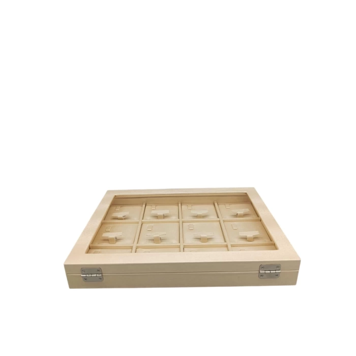 Yeni Cam Kapaklı Imera Deri Kumaş Krem Renk 34 Cm / 24 Cm Üçlü Set Kutusu