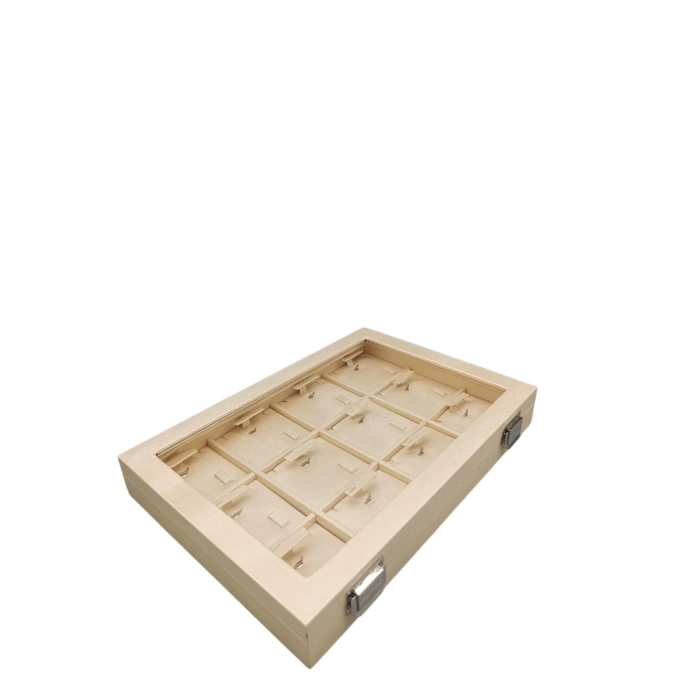 Yeni Cam Kapaklı Imera Deri Kumaş Krem Renk 34 Cm / 24 Cm Üçlü Set Kutusu