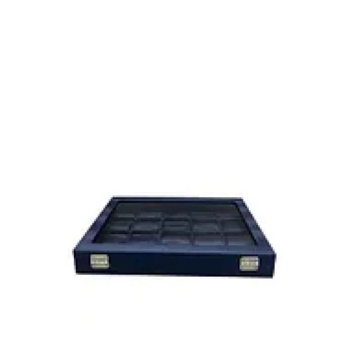 Yeni Cam Kapaklı İmera Deri Kumaş Lacivert Renk 34 cm / 24 cm Bölmeli Kolye Tablası
