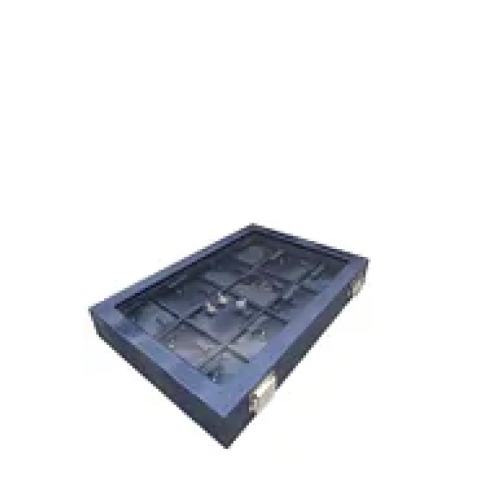 Yeni Cam Kapaklı İmera Deri Kumaş Lacivert Renk 34 cm / 24 cm Üçlü Set Tablası