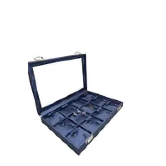 Yeni Cam Kapaklı İmera Deri Kumaş Lacivert Renk 34 cm / 24 cm Üçlü Set Tablası