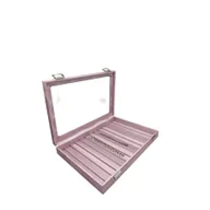 Yeni Cam Kapaklı İmera Deri Kumaş Pembe Renk 34 cm / 24 cm Bölmeli Kolye-Bileklik Tablası