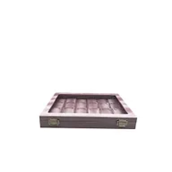 Yeni Cam Kapaklı İmera Deri Kumaş Pembe Renk 34 cm / 24 cm Bölmeli Kolye Tablası