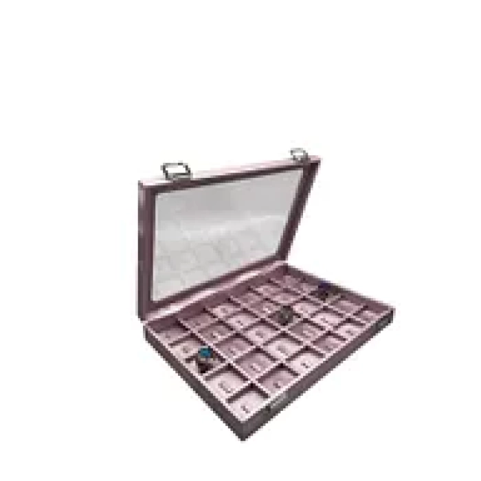 Yeni Cam Kapaklı İmera Deri Kumaş Pembe Renk 34 cm / 24 cm Bölmeli Tırnaklı Yüzük Tablası