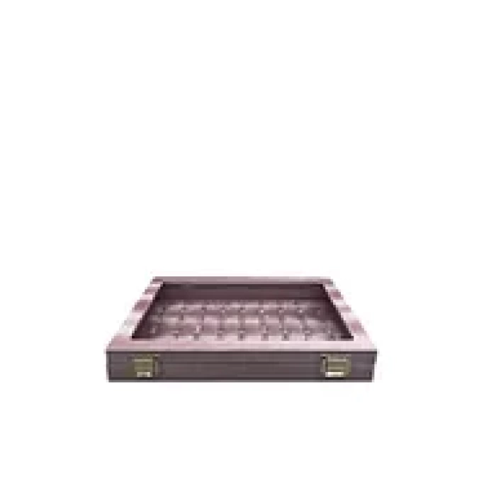 Yeni Cam Kapaklı İmera Deri Kumaş Pembe Renk 34 cm / 24 cm Bölmeli Tırnaklı Yüzük Tablası
