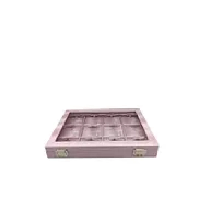 Yeni Cam Kapaklı İmera Deri Kumaş Pembe Renk 34 cm / 24 cm Üçlü Set Tablası