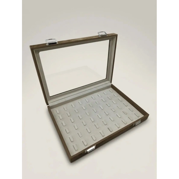 Yeni Cam Kapaklı Süet Kumaş Şütlü Kahve 34 cm / 24 cm Tırnaklı Yüzük Tablası