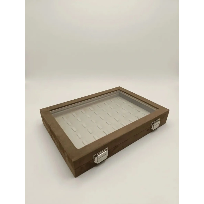 Yeni Cam Kapaklı Süet Kumaş Şütlü Kahve 34 cm / 24 cm Tırnaklı Yüzük Tablası