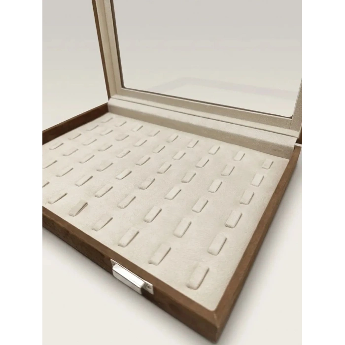 Yeni Cam Kapaklı Süet Kumaş Şütlü Kahve 34 cm / 24 cm Tırnaklı Yüzük Tablası