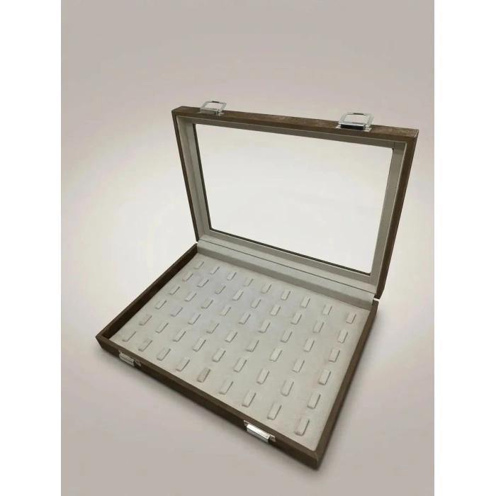 Yeni Cam Kapaklı Süet Kumaş Şütlü Kahve 34 cm / 24 cm Tırnaklı Yüzük Tablası
