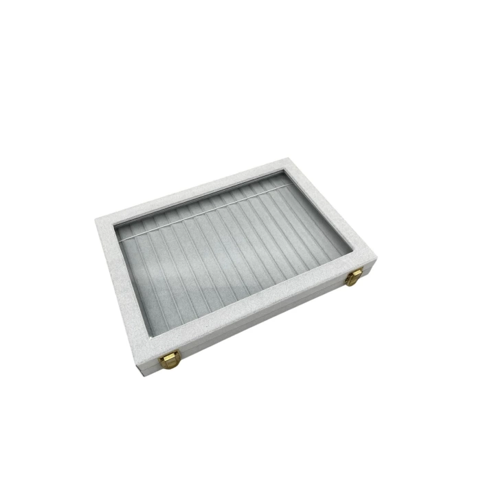 Yeni Yerli Üretim Cam Kapaklı Süet Kumaş Gri 34 cm / 24 cm Kademeli Bileklik-Kolye Sergileme Standı