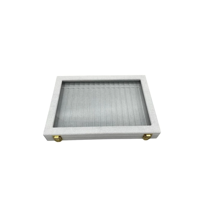 Yeni Yerli Üretim Cam Kapaklı Süet Kumaş Gri 34 cm / 24 cm Kademeli Bileklik-Kolye Sergileme Standı