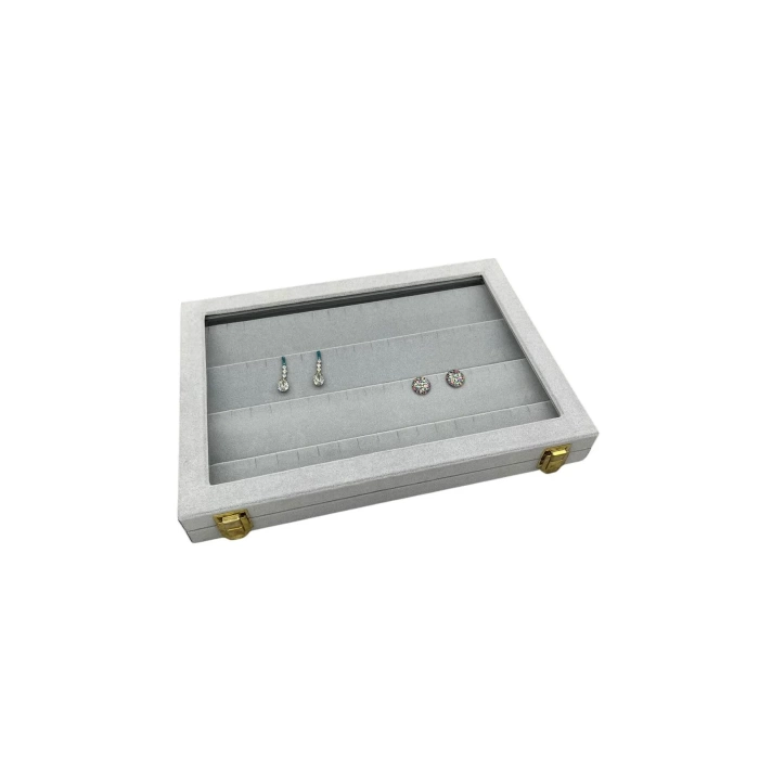 Yeni Yerli Üretim Cam Kapaklı Süet Kumaş Gri Renk 34 cm / 24 cm Küpe Sergileme Standı