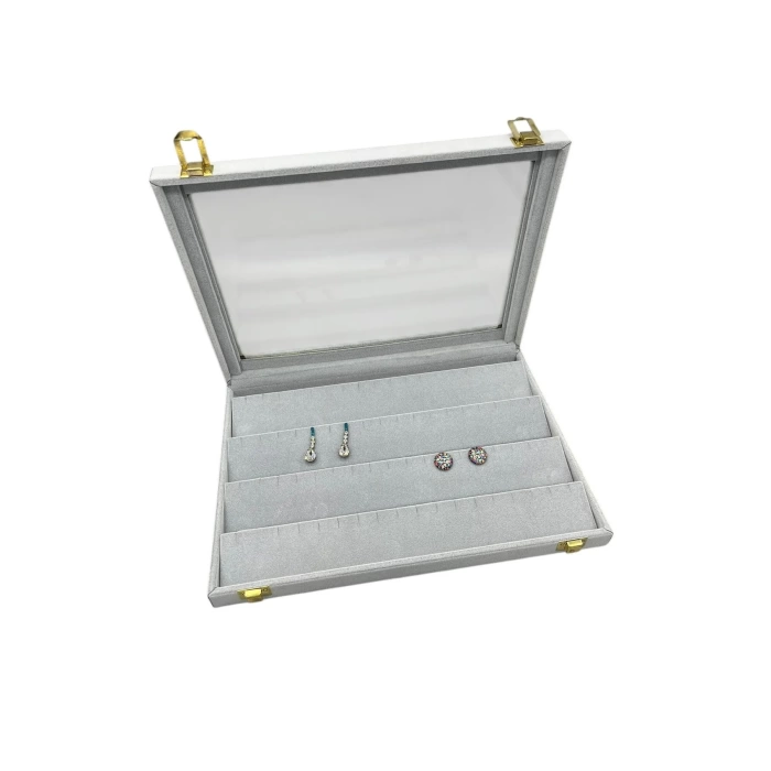 Yeni Yerli Üretim Cam Kapaklı Süet Kumaş Gri Renk 34 cm / 24 cm Küpe Sergileme Standı