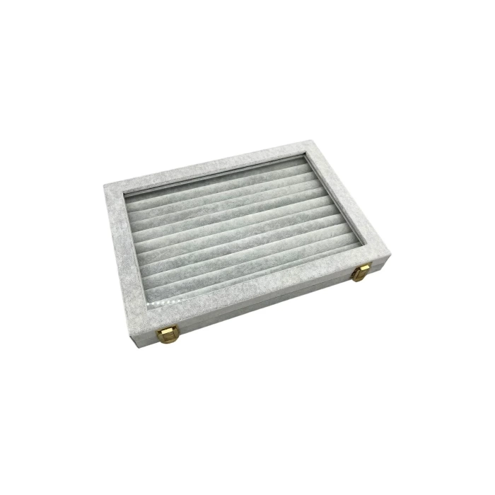 Yeni Yerli Üretim Cam Kapaklı Süet Kumaş Gri Renk 34 cm / 24 cm Sosisli Yüzük Sergileme Standı