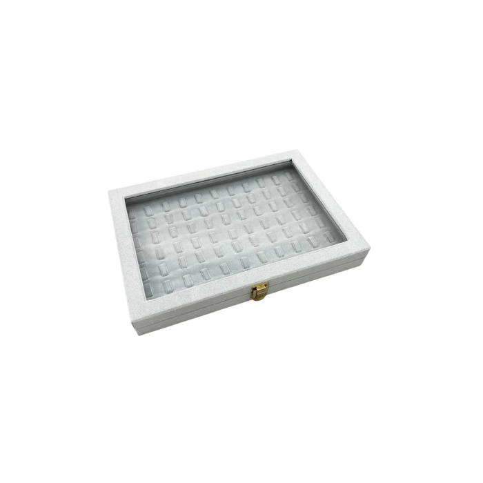Yeni Yerli Üretim Cam Kapaklı Süet Kumaş Gri Renk 34 cm / 24 cm Tırnaklı Yüzük Sergileme Standı