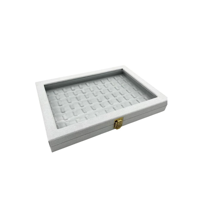 Yeni Yerli Üretim Cam Kapaklı Süet Kumaş Gri Renk 34 cm / 24 cm Tırnaklı Yüzük Sergileme Standı