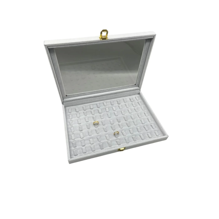 Yeni Yerli Üretim Cam Kapaklı Süet Kumaş Gri Renk 34 cm / 24 cm Tırnaklı Yüzük Sergileme Standı
