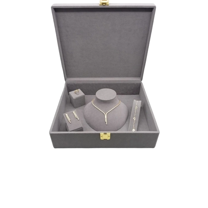 Yeni Yerli Üretim Keten Kumaş Gri Renk 35/30/10 cm Takı Sergileme Saklama Kutusu